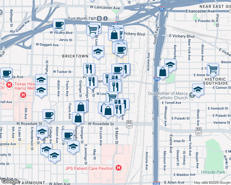 map of restaurants, bars, coffee shops, grocery stores, and more near 810 South Main Street in Fort Worth