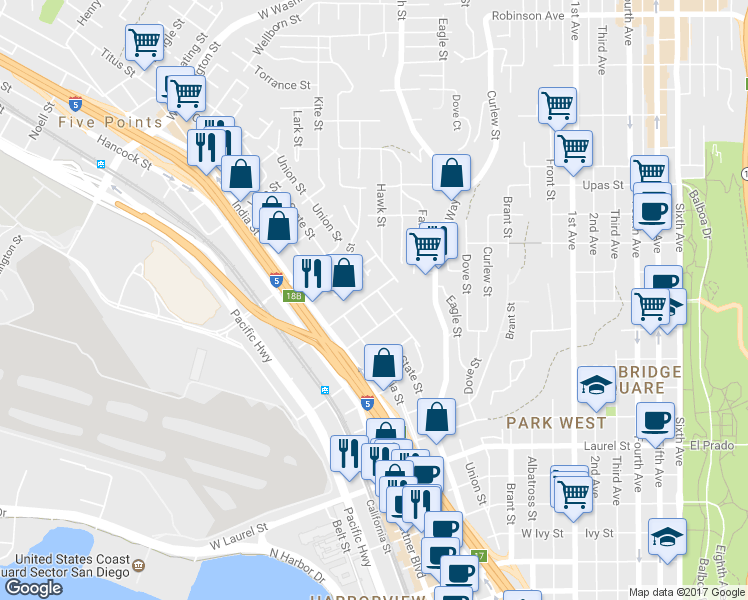 map of restaurants, bars, coffee shops, grocery stores, and more near 1119 West Redwood Street in San Diego