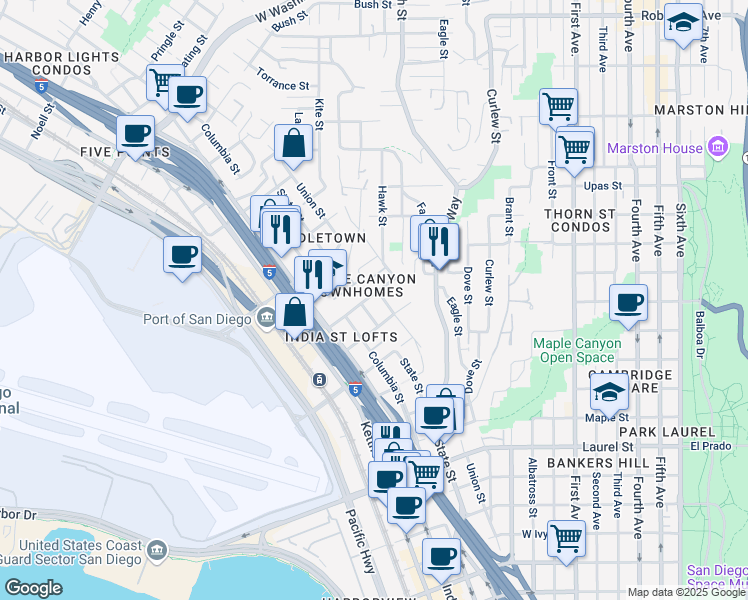 map of restaurants, bars, coffee shops, grocery stores, and more near 1119 West Redwood Street in San Diego
