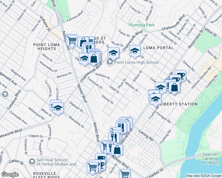 map of restaurants, bars, coffee shops, grocery stores, and more near 3435 Udall Street in San Diego