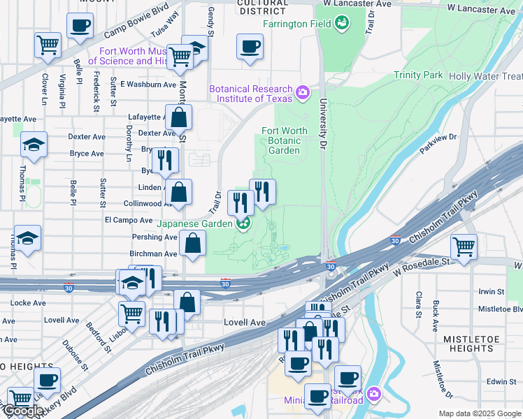 map of restaurants, bars, coffee shops, grocery stores, and more near 3220 Rock Springs Road in Fort Worth