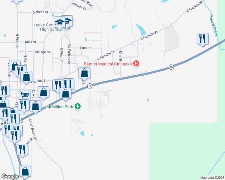 map of restaurants, bars, coffee shops, grocery stores, and more near 805 East Main Street in Carthage