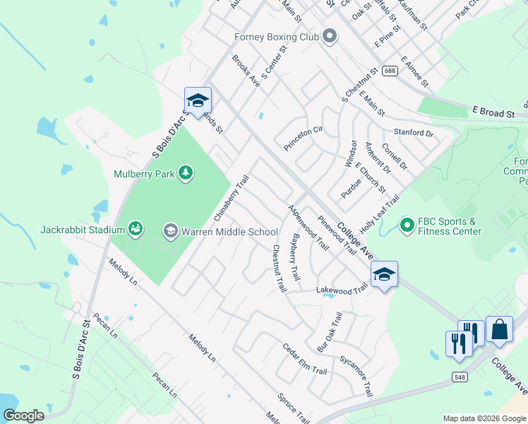 map of restaurants, bars, coffee shops, grocery stores, and more near 122 Hazelnut Trail in Forney