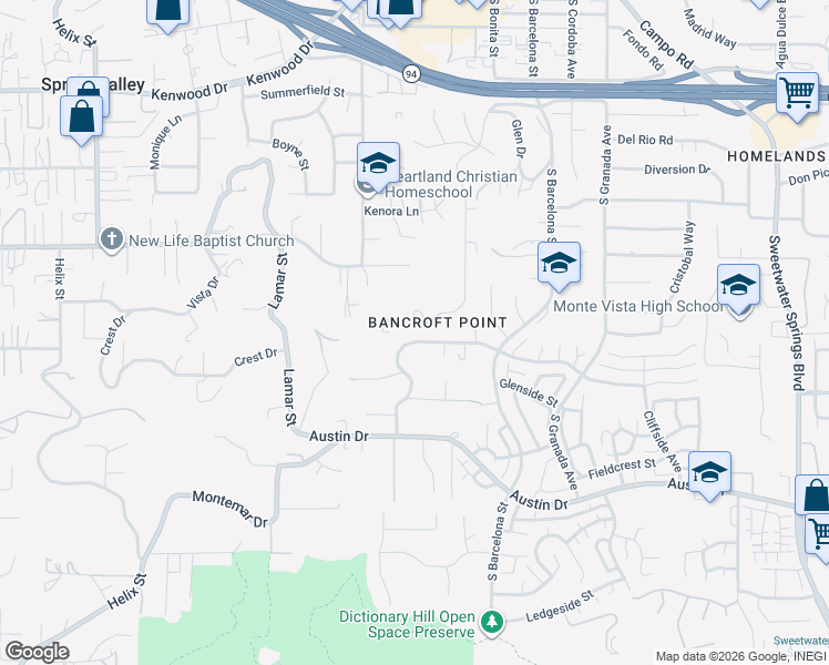 map of restaurants, bars, coffee shops, grocery stores, and more near 2820 Highlands Boulevard in Spring Valley