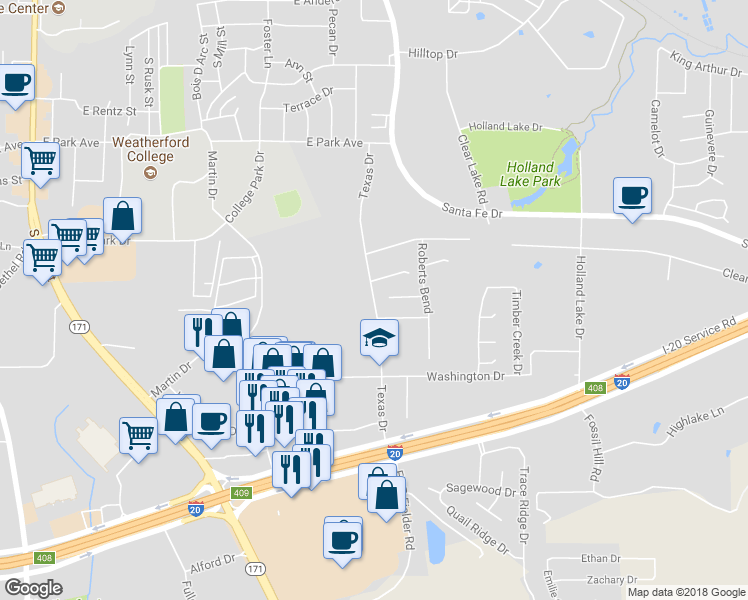 map of restaurants, bars, coffee shops, grocery stores, and more near 1634 Texas Drive in Weatherford