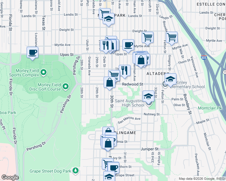 map of restaurants, bars, coffee shops, grocery stores, and more near in San Diego