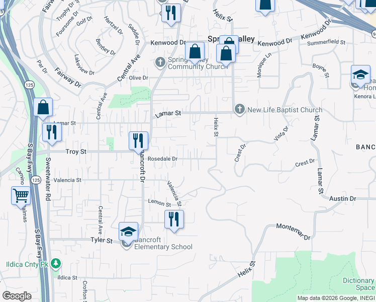 map of restaurants, bars, coffee shops, grocery stores, and more near 9105A Rosedale Drive in Spring Valley