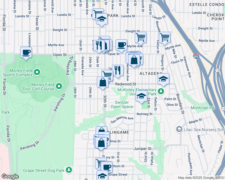 map of restaurants, bars, coffee shops, grocery stores, and more near in San Diego