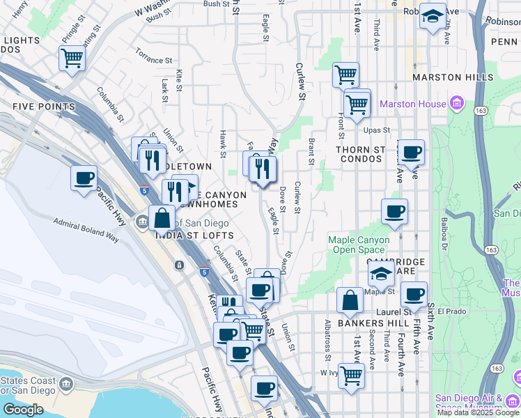 map of restaurants, bars, coffee shops, grocery stores, and more near 2957 Reynard Way in San Diego