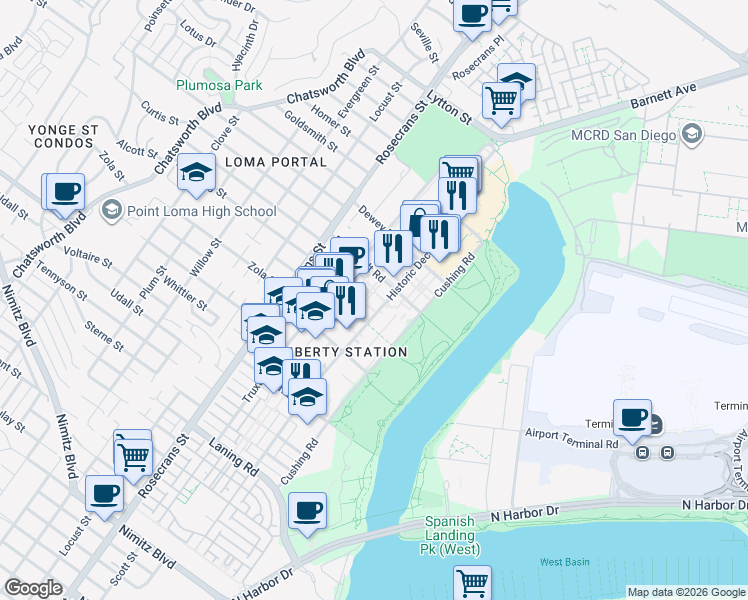 map of restaurants, bars, coffee shops, grocery stores, and more near 2305 Historic Decatur Road in San Diego