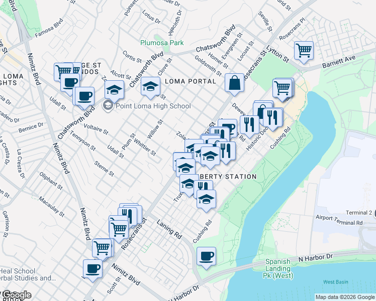 map of restaurants, bars, coffee shops, grocery stores, and more near 2277 Rosecrans Street in San Diego