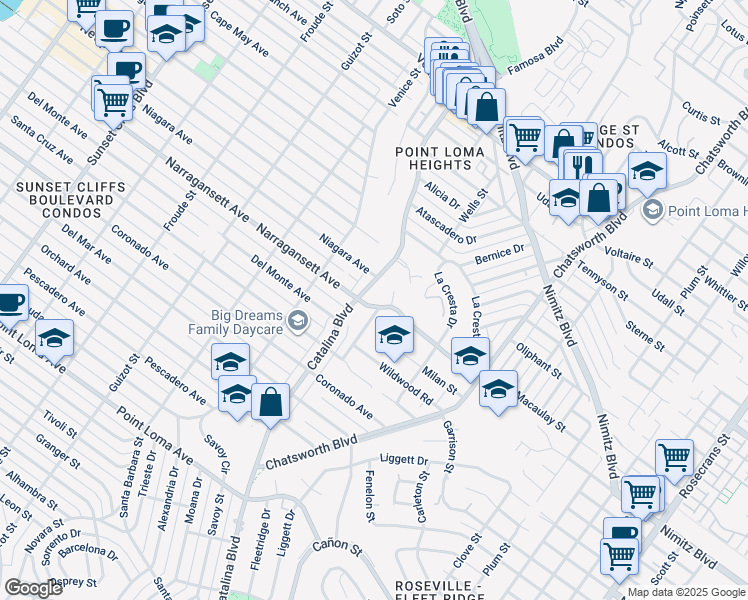 map of restaurants, bars, coffee shops, grocery stores, and more near 1784 Redondo Street in San Diego