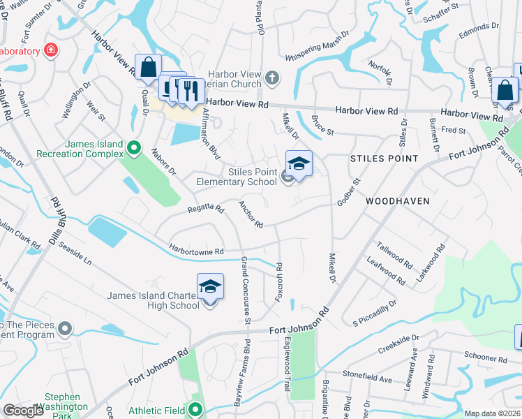 map of restaurants, bars, coffee shops, grocery stores, and more near 988 Anchor Road in Charleston