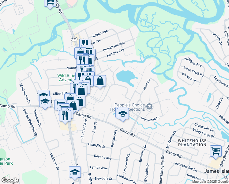map of restaurants, bars, coffee shops, grocery stores, and more near 49 Meander Row in Charleston