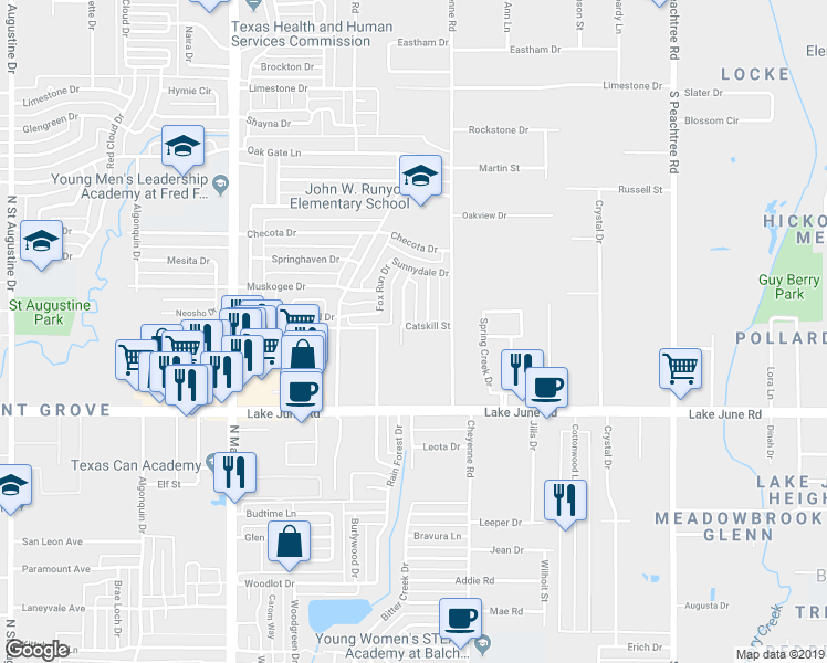 map of restaurants, bars, coffee shops, grocery stores, and more near 1346 Friendship Drive in Dallas