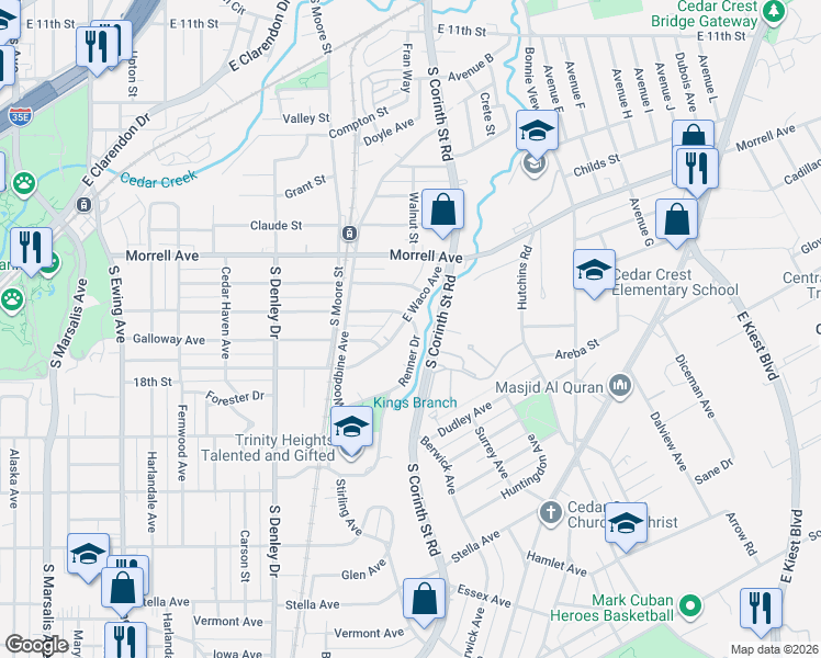 map of restaurants, bars, coffee shops, grocery stores, and more near 1012 South Corinth Street Road in Dallas