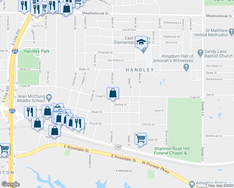 map of restaurants, bars, coffee shops, grocery stores, and more near 2913 Louis Street in Fort Worth