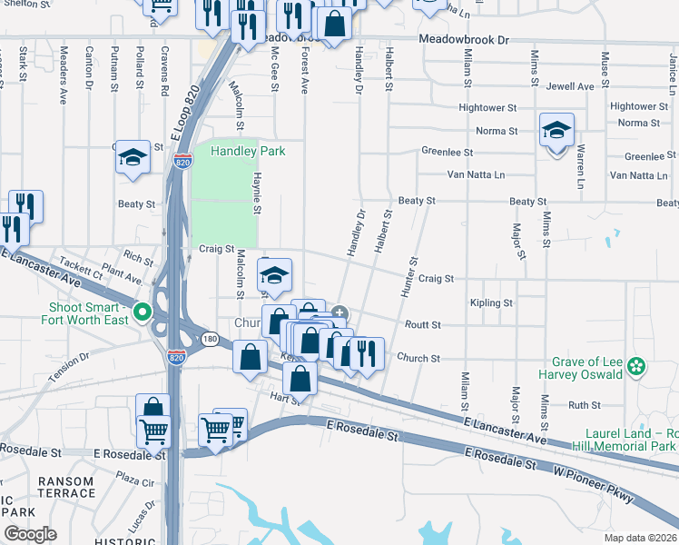 map of restaurants, bars, coffee shops, grocery stores, and more near 2932 Handley Drive in Fort Worth