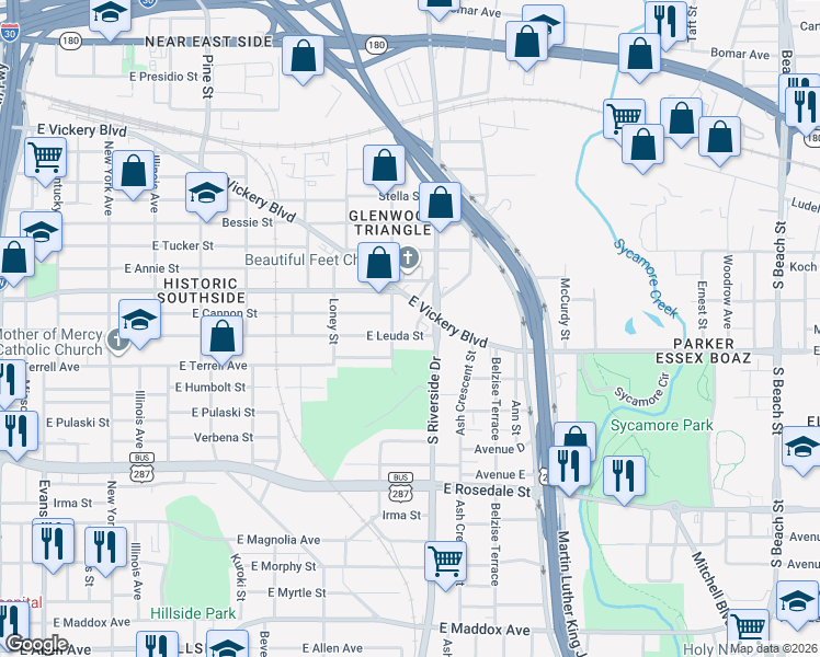 map of restaurants, bars, coffee shops, grocery stores, and more near 1800 East Leuda Street in Fort Worth