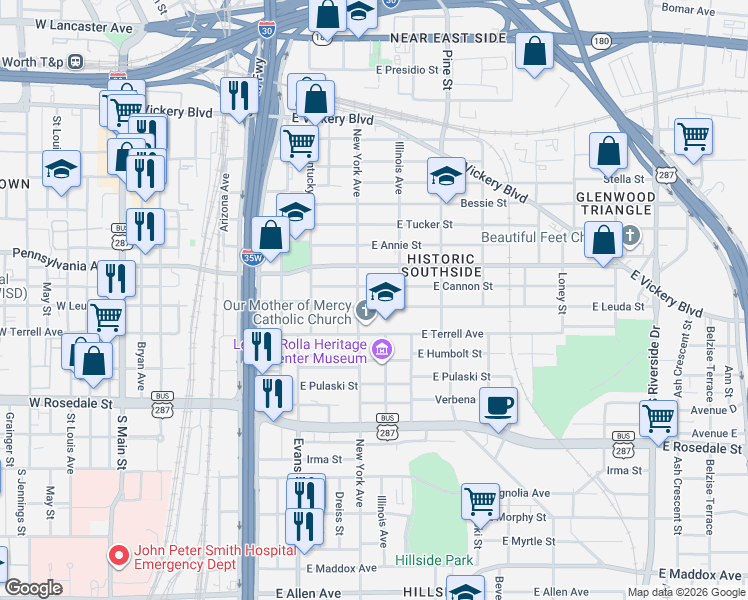 map of restaurants, bars, coffee shops, grocery stores, and more near 1003 East Terrell Avenue in Fort Worth