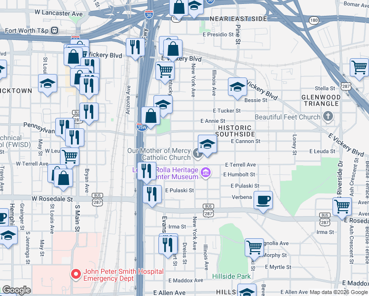 map of restaurants, bars, coffee shops, grocery stores, and more near 918 East Leuda Street in Fort Worth