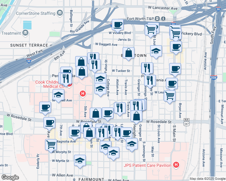 map of restaurants, bars, coffee shops, grocery stores, and more near 801 College Avenue in Fort Worth