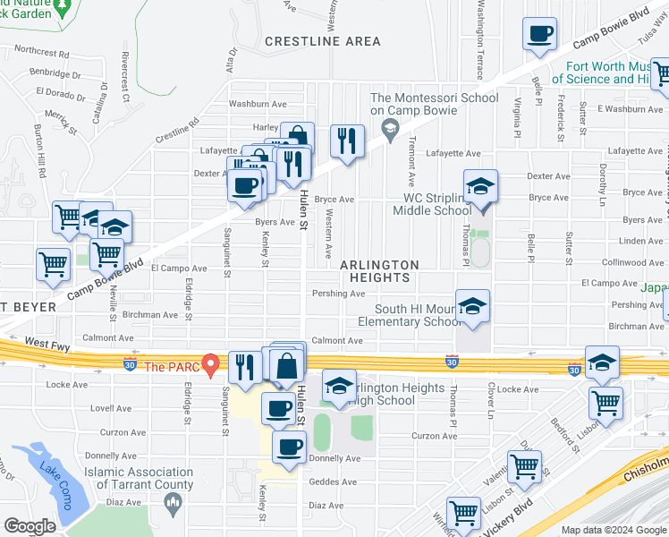 map of restaurants, bars, coffee shops, grocery stores, and more near 4500 Pershing Avenue in Fort Worth