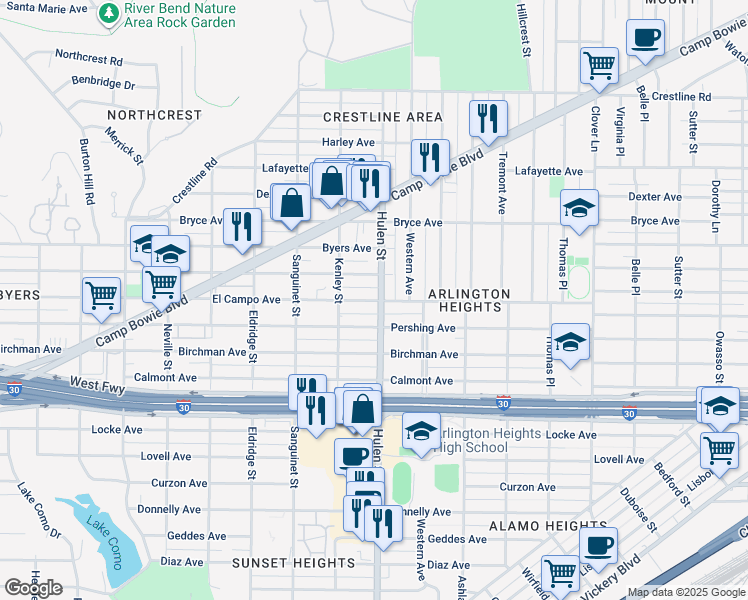map of restaurants, bars, coffee shops, grocery stores, and more near 4536 Pershing Avenue in Fort Worth