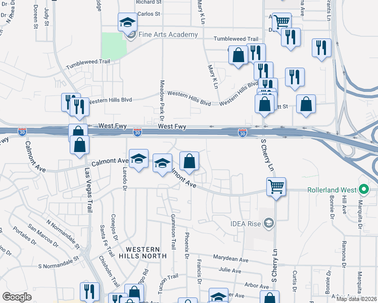 map of restaurants, bars, coffee shops, grocery stores, and more near 8300 Calmont Avenue in Fort Worth
