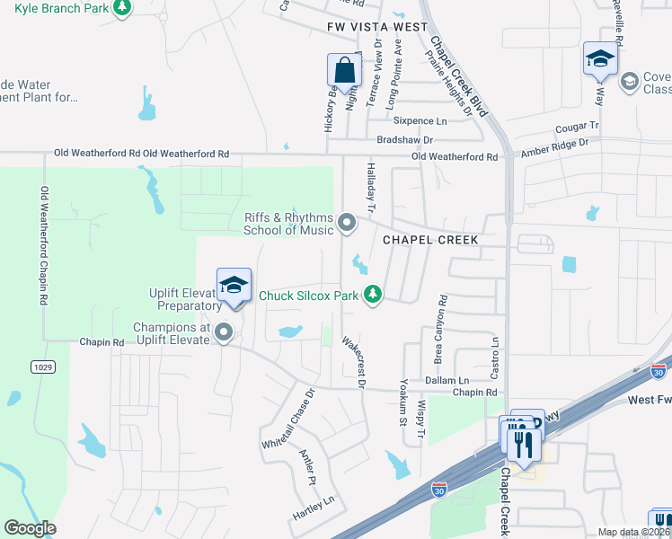 map of restaurants, bars, coffee shops, grocery stores, and more near 2600 Wakecrest Drive in Fort Worth