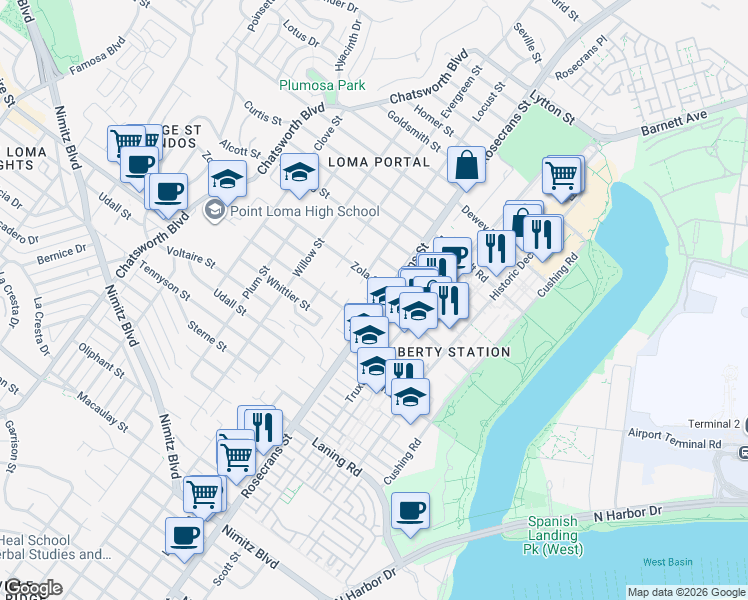 map of restaurants, bars, coffee shops, grocery stores, and more near 3006 Yonge Street in San Diego