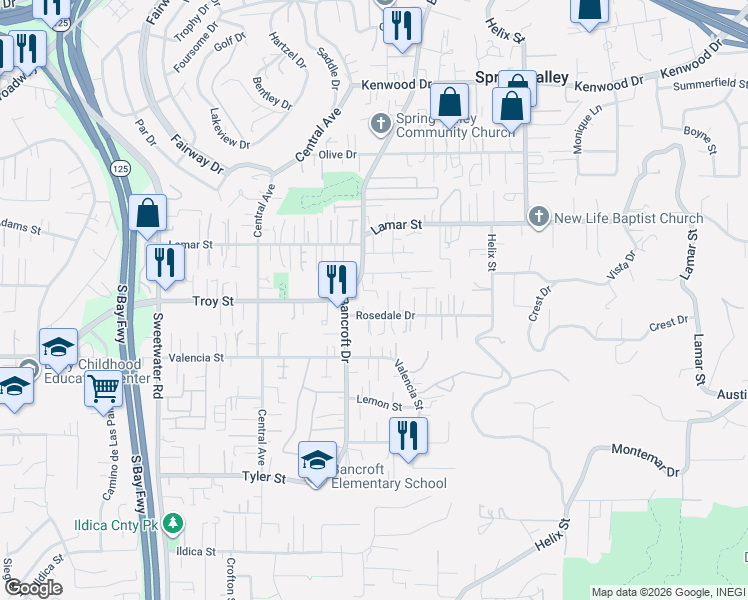 map of restaurants, bars, coffee shops, grocery stores, and more near 9009 Rosedale Drive in Spring Valley