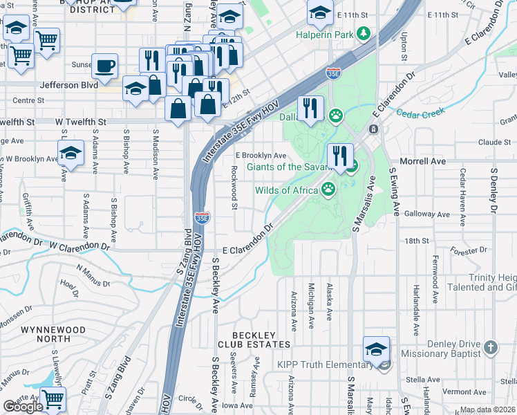 map of restaurants, bars, coffee shops, grocery stores, and more near 1019 Cumberland Street in Dallas