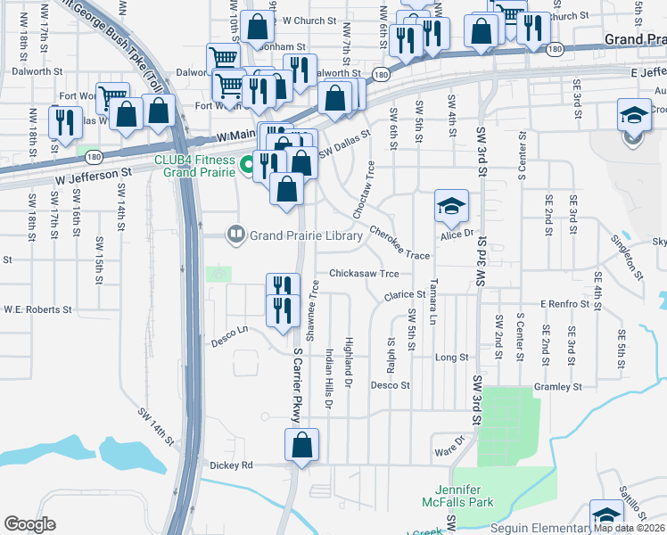 map of restaurants, bars, coffee shops, grocery stores, and more near 814 Highland Drive in Grand Prairie