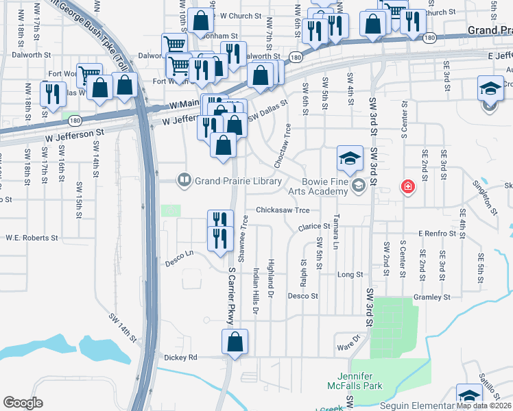 map of restaurants, bars, coffee shops, grocery stores, and more near 814 Highland Drive in Grand Prairie
