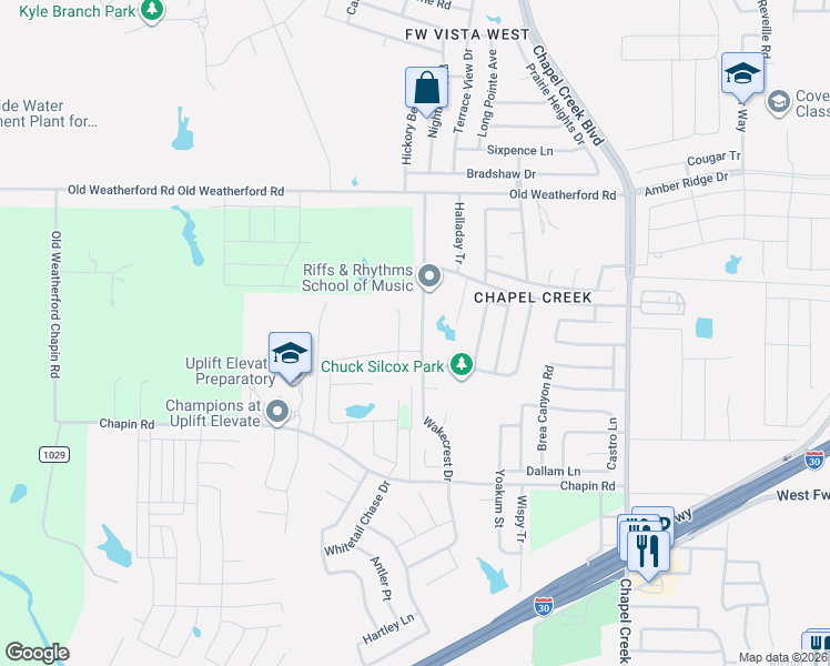 map of restaurants, bars, coffee shops, grocery stores, and more near 2600 Wakecrest Drive in Fort Worth