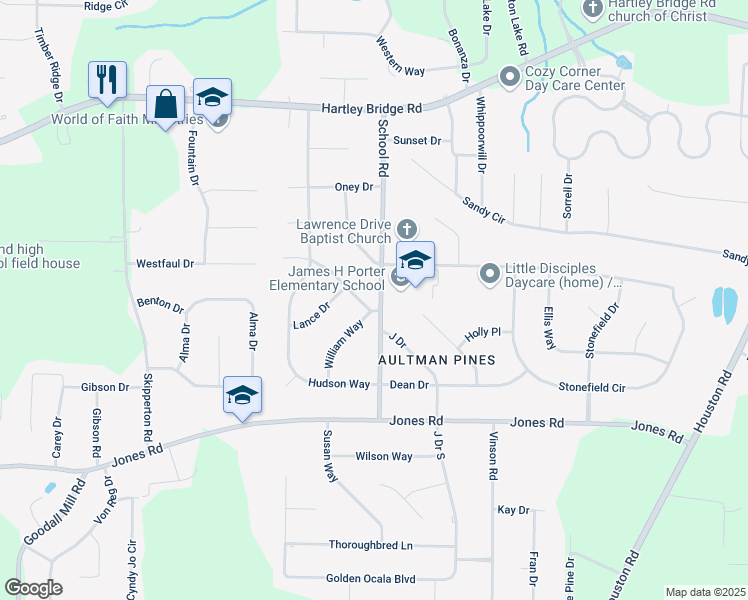 map of restaurants, bars, coffee shops, grocery stores, and more near 5801 School Road in Macon