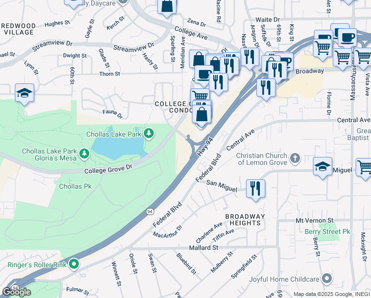 map of restaurants, bars, coffee shops, grocery stores, and more near 6333 College Grove Way in San Diego