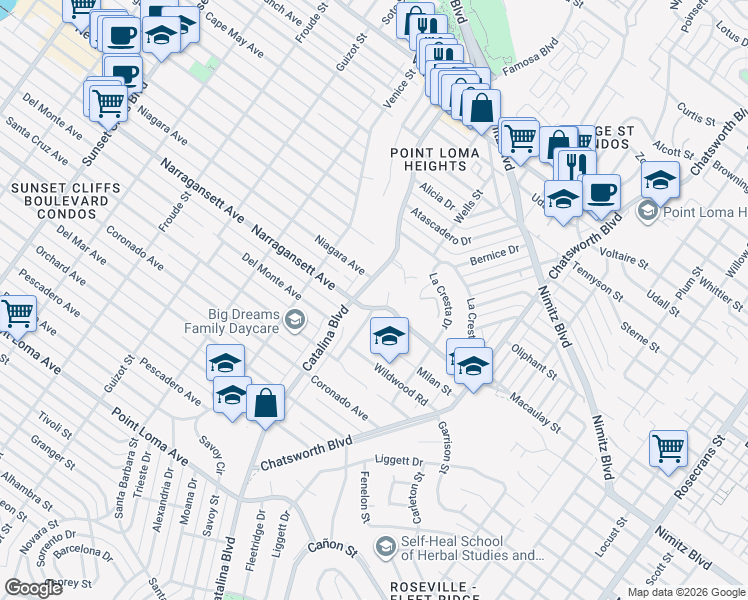 map of restaurants, bars, coffee shops, grocery stores, and more near 1840 Catalina Boulevard in San Diego