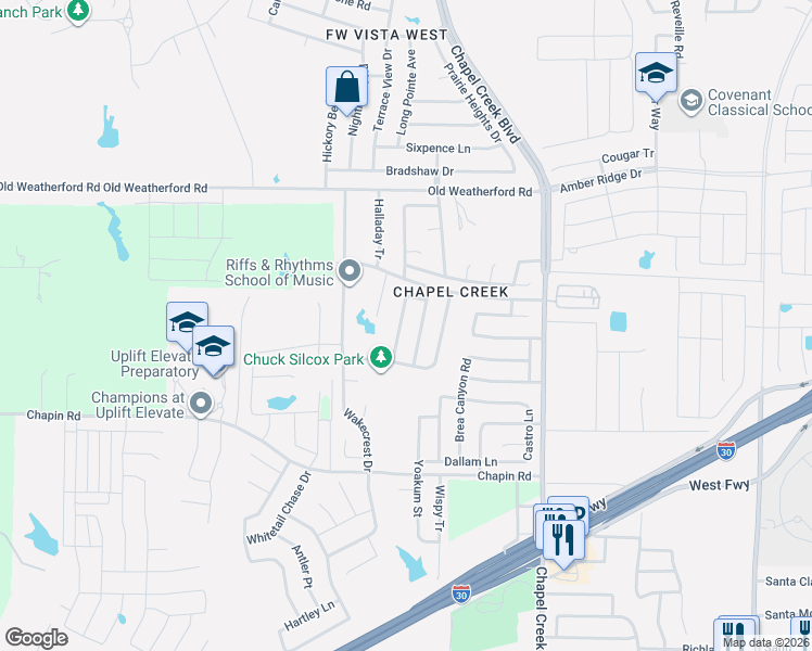 map of restaurants, bars, coffee shops, grocery stores, and more near 2433 Nogales Drive in Fort Worth