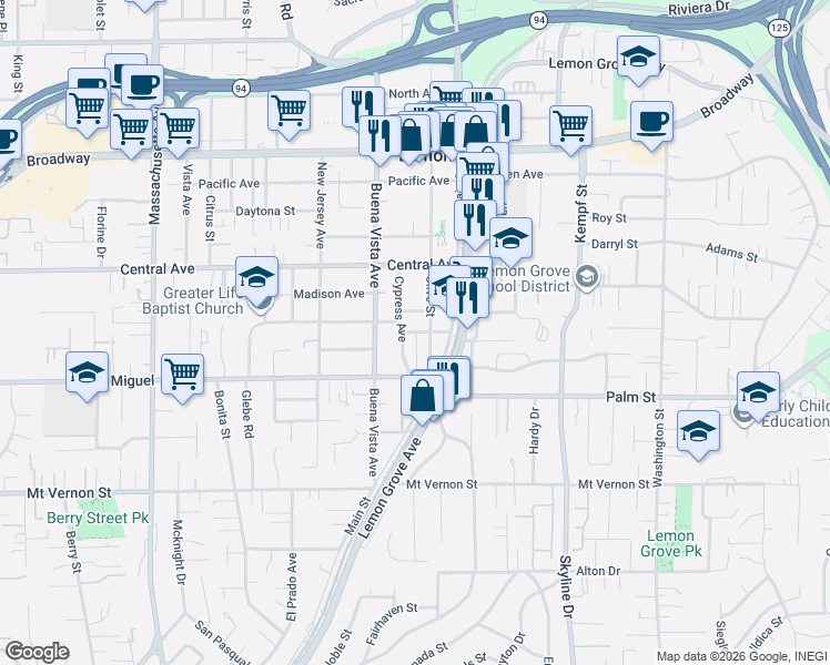 map of restaurants, bars, coffee shops, grocery stores, and more near 7650 Madison Avenue in Lemon Grove