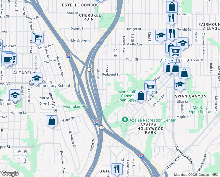 map of restaurants, bars, coffee shops, grocery stores, and more near 3048 39th Street in San Diego