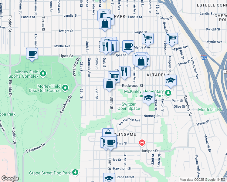 map of restaurants, bars, coffee shops, grocery stores, and more near in San Diego