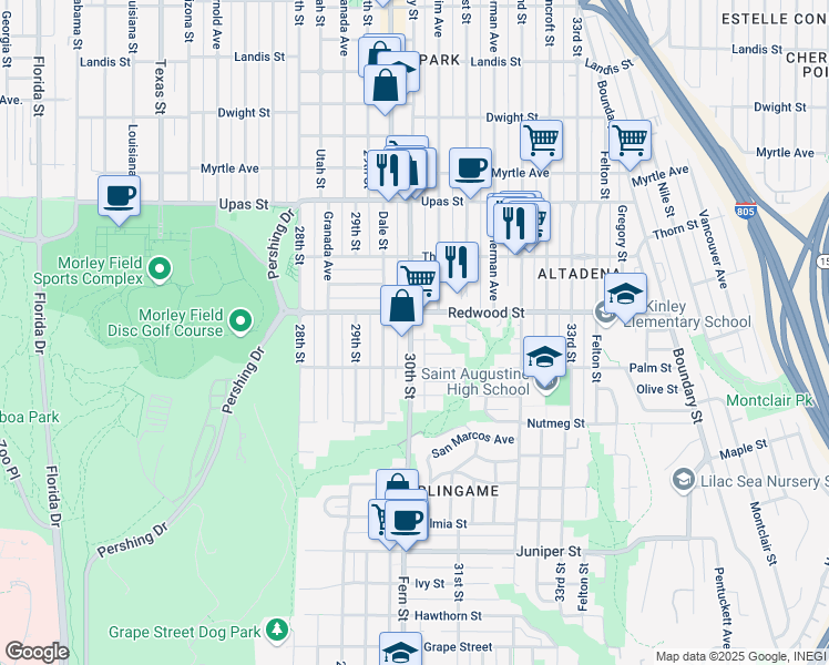 map of restaurants, bars, coffee shops, grocery stores, and more near in San Diego
