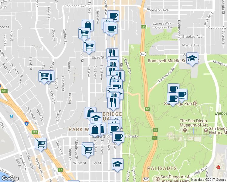 map of restaurants, bars, coffee shops, grocery stores, and more near 3088 Fifth Avenue in San Diego