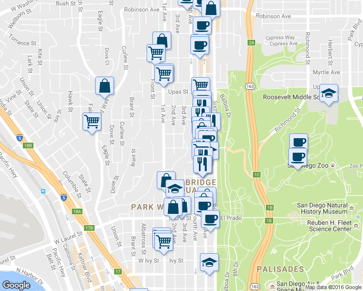 map of restaurants, bars, coffee shops, grocery stores, and more near 3065 Third Avenue in San Diego