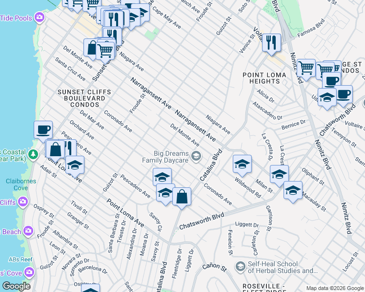 map of restaurants, bars, coffee shops, grocery stores, and more near 4393 Del Monte Avenue in San Diego