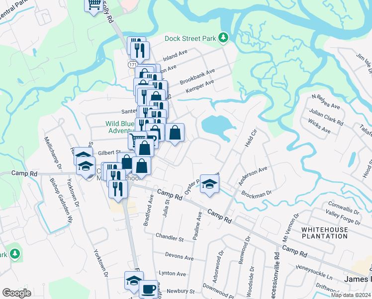 map of restaurants, bars, coffee shops, grocery stores, and more near 2 Commercial Row in Charleston