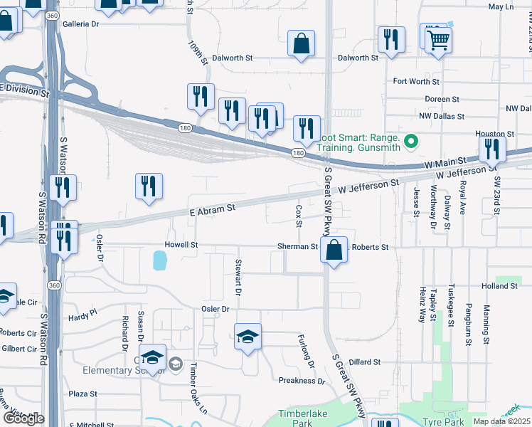 map of restaurants, bars, coffee shops, grocery stores, and more near 3211 East Abram Street in Arlington