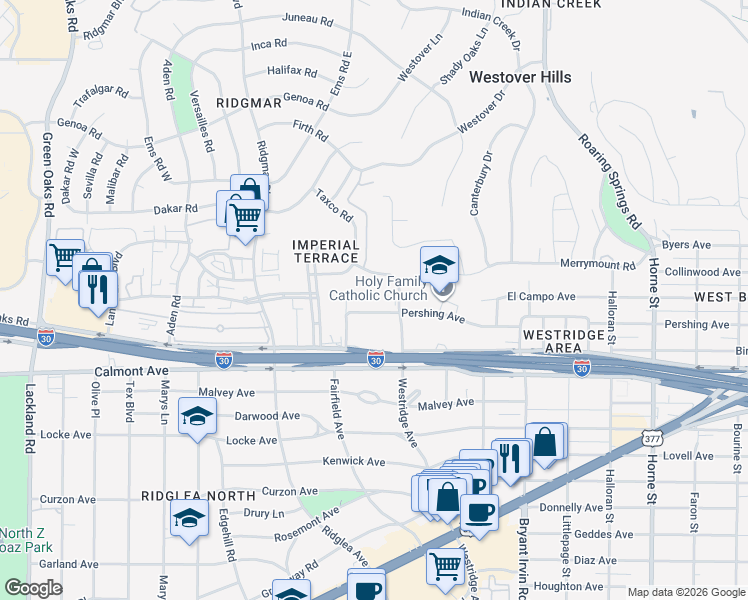 map of restaurants, bars, coffee shops, grocery stores, and more near 6201 Plaza Parkway in Fort Worth